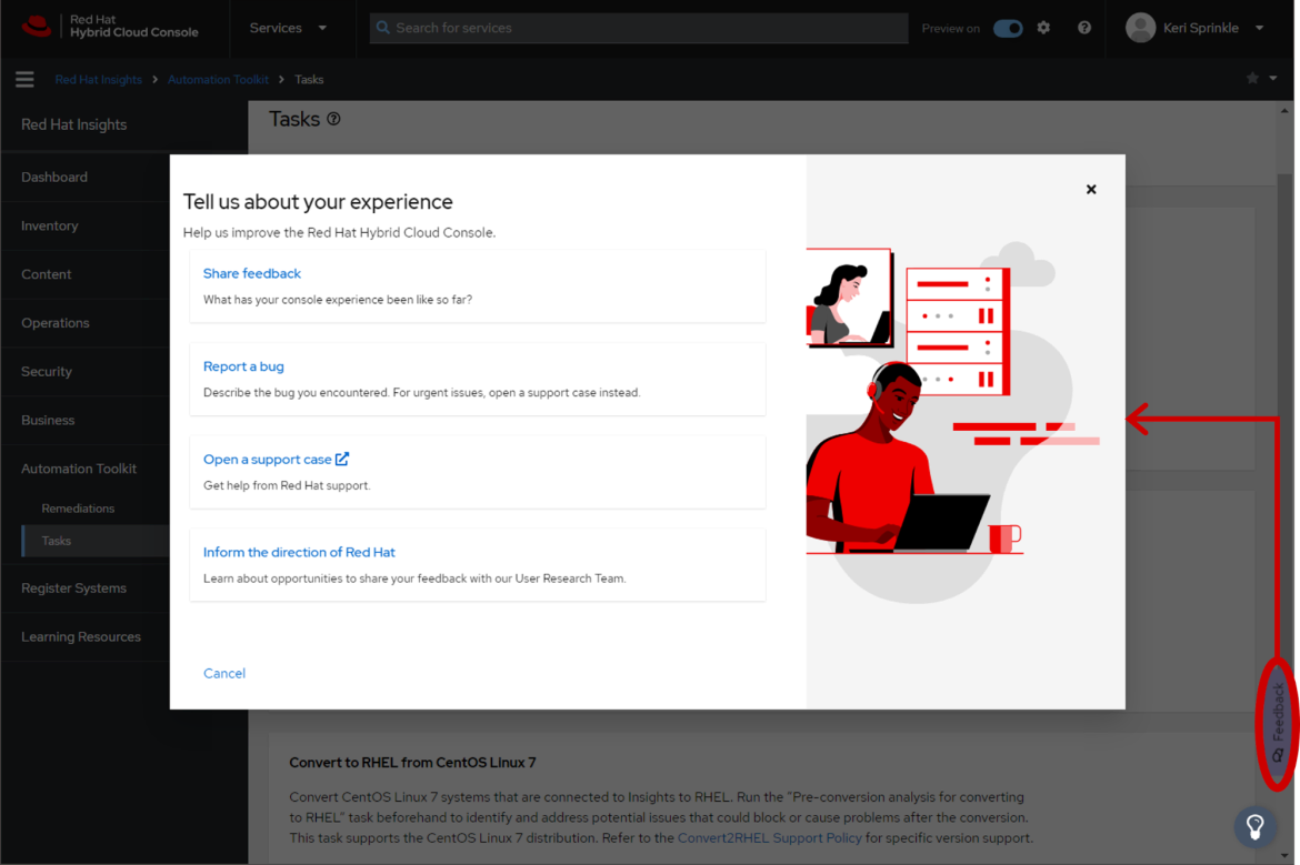 Red Hat Insights screenshot showing feedback options
